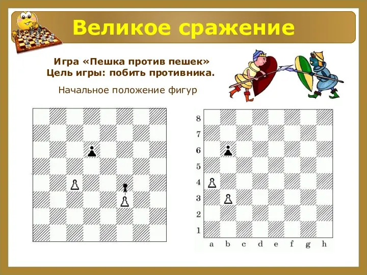 Великое сражение Игра «Пешка против пешек» Цель игры: побить противника. Начальное положение фигур