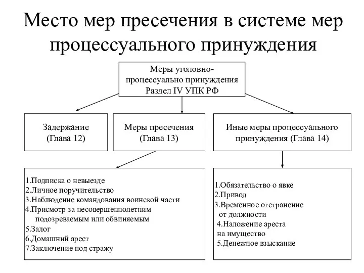 Место мер пресечения в системе мер процессуального принуждения Меры уголовно- процессуально