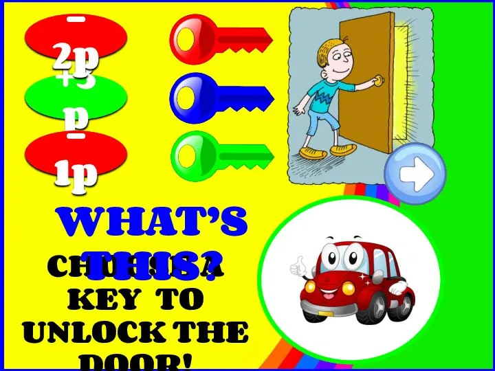 CHOOSE A KEY TO UNLOCK THE DOOR! +3p - 1p - 2p WHAT’S THIS?