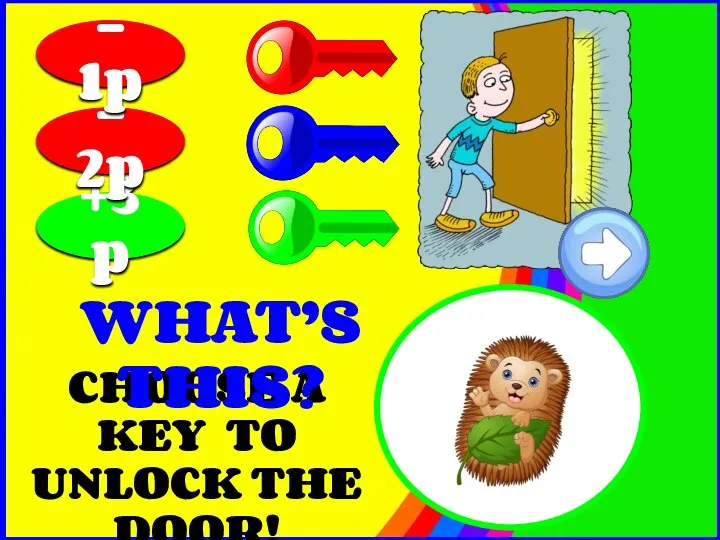 CHOOSE A KEY TO UNLOCK THE DOOR! +3p - 2p - 1p WHAT’S THIS?