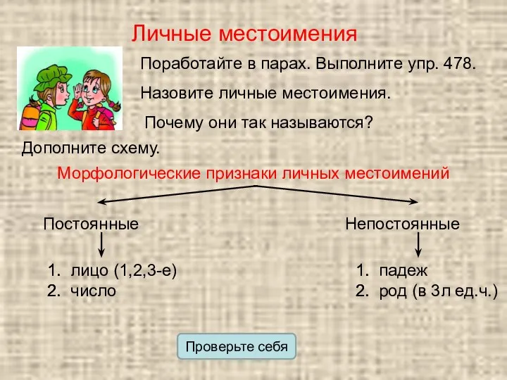 Личные местоимения Поработайте в парах. Выполните упр. 478. Назовите личные местоимения.