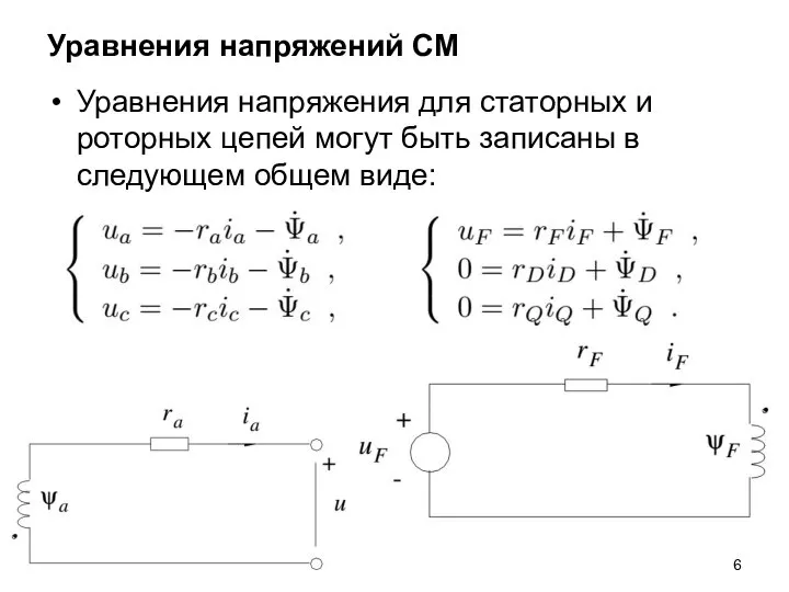 Уравнения напряжений СМ Уравнения напряжения для статорных и роторных цепей могут