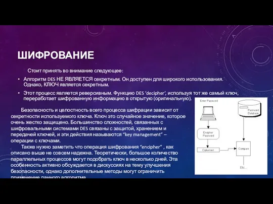 ШИФРОВАНИЕ Стоит принять во внимание следующее: Алгоритм DES НЕ ЯВЛЯЕТСЯ секретным.