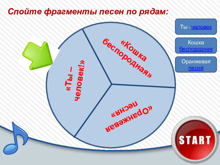 Спойте фрагменты песен по рядам: Ты - человек Кошка беспородная Оранжевая песня