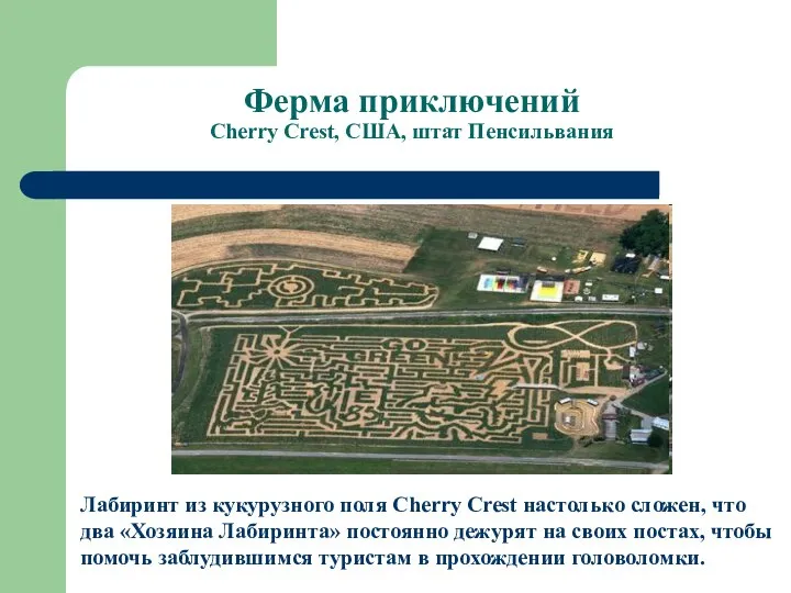 Ферма приключений Cherry Crest, США, штат Пенсильвания Лабиринт из кукурузного поля