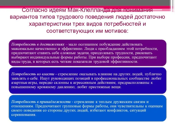 Согласно идеям Мак-Клелланда для понимания вариантов типов трудового поведения людей достаточно