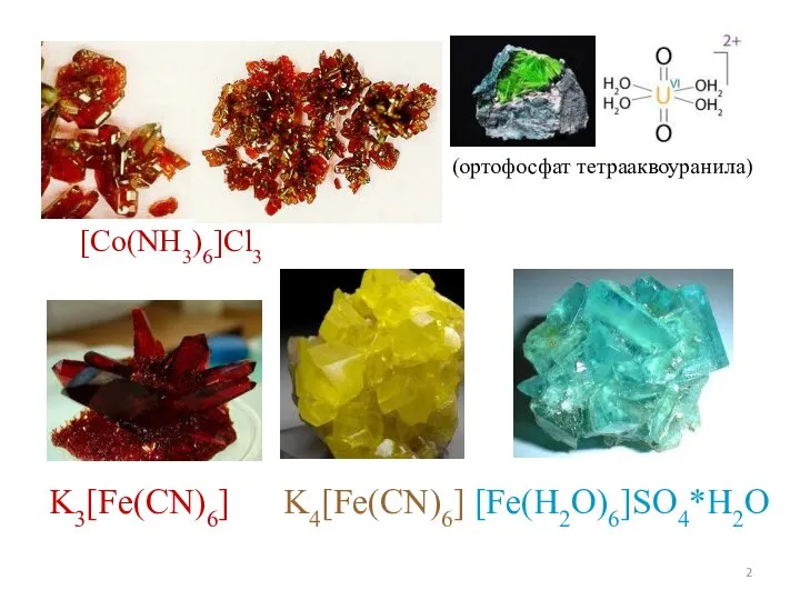 [Co(NH3)6]Cl3 (ортофосфат тетрааквоуранила) K3[Fe(CN)6] K4[Fe(CN)6] [Fe(H2O)6]SO4*H2O