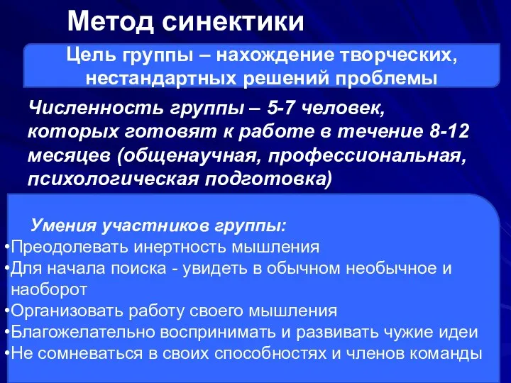 Метод синектики Численность группы – 5-7 человек, которых готовят к работе