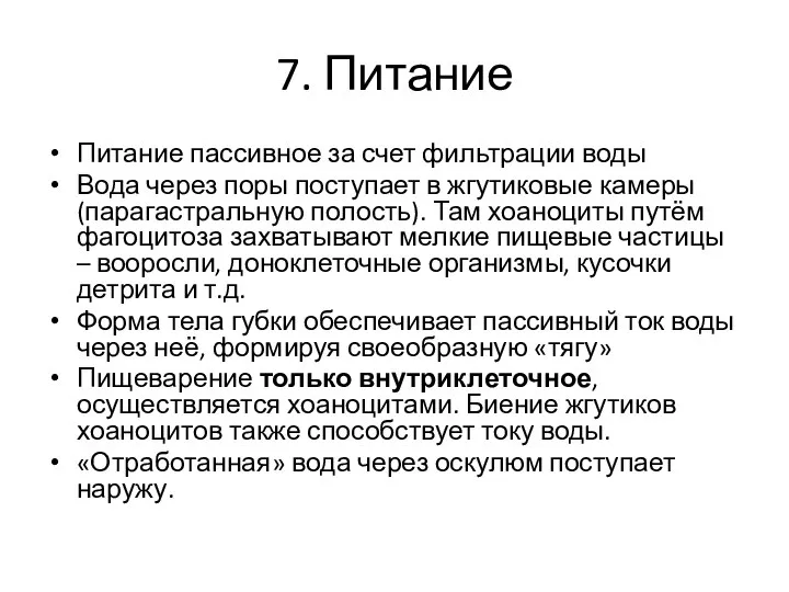 7. Питание Питание пассивное за счет фильтрации воды Вода через поры