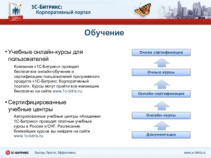 Обучение Компания «1С-Битрикс» проводит бесплатное онлайн-обучение и сертификацию пользователей программного продукта