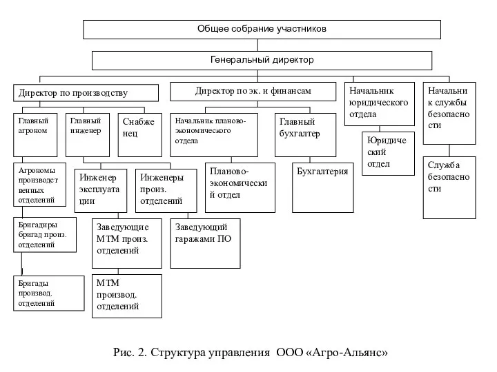 Рис. 2. Структура управления ООО «Агро-Альянс» Директор по производству Бригадиры бригад произ. отделений Бригады производ. отделений