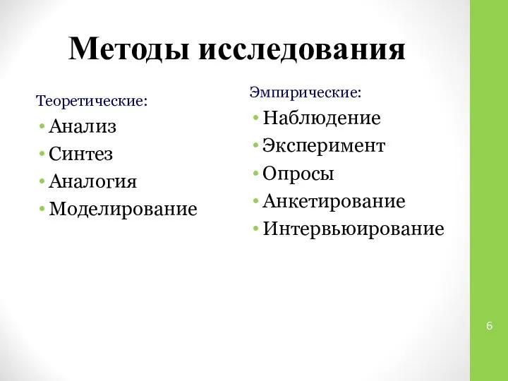 Методы исследования Теоретические: Анализ Синтез Аналогия Моделирование Эмпирические: Наблюдение Эксперимент Опросы Анкетирование Интервьюирование