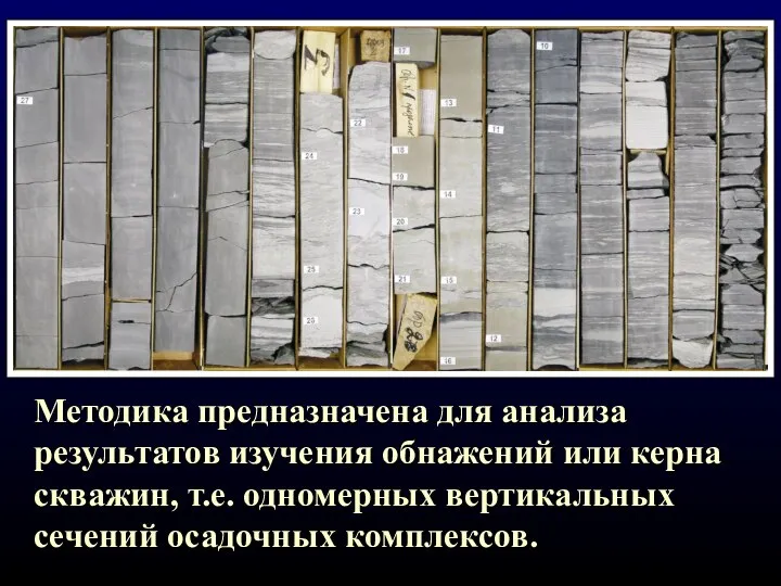 Методика предназначена для анализа результатов изучения обнажений или керна скважин, т.е. одномерных вертикальных сечений осадочных комплексов.