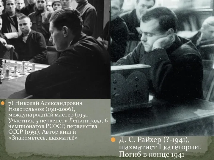 Д. С. Райхер (?-1941), шахматист I категории. Погиб в конце 1941