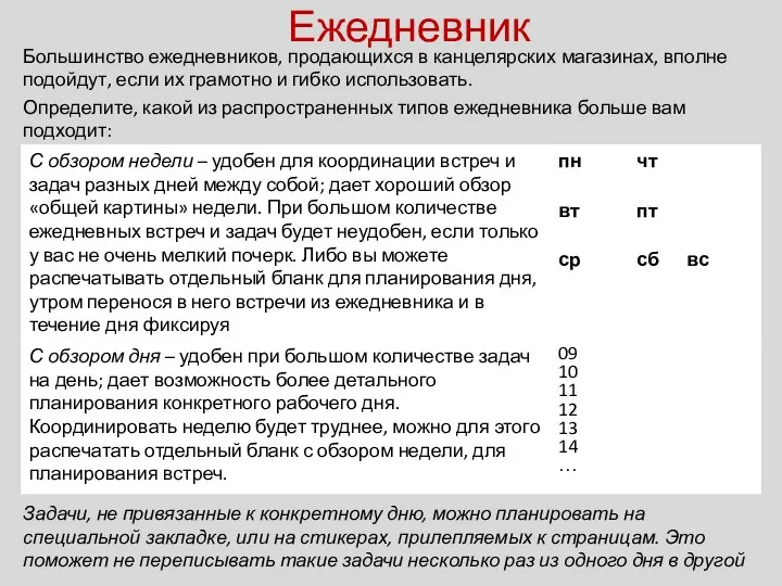 Ежедневник Большинство ежедневников, продающихся в канцелярских магазинах, вполне подойдут, если их