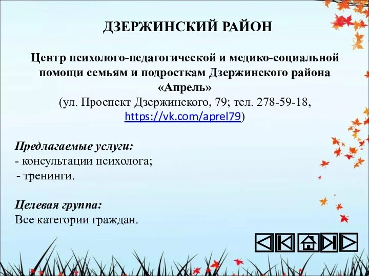 ДЗЕРЖИНСКИЙ РАЙОН Центр психолого-педагогической и медико-социальной помощи семьям и подросткам Дзержинского