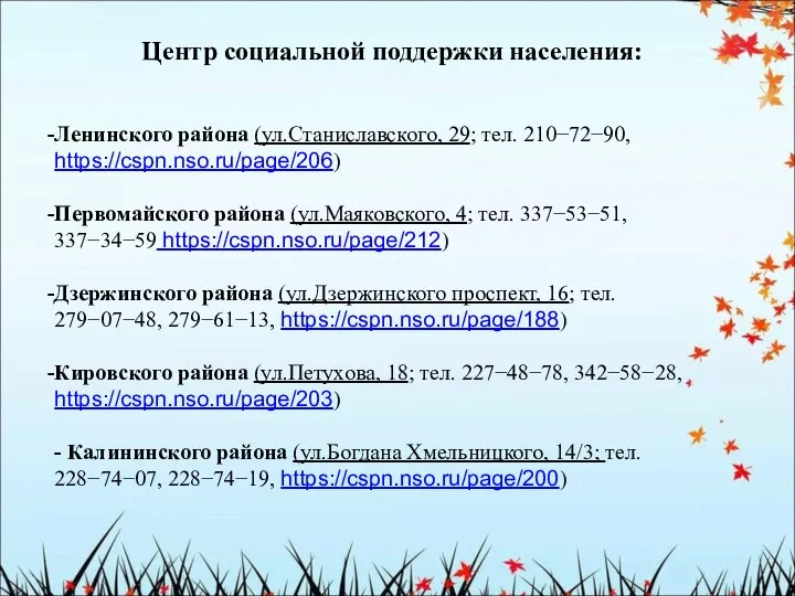 Ленинского района (ул.Станиславского, 29; тел. 210−72−90, https://cspn.nso.ru/page/206) Первомайского района (ул.Маяковского, 4;