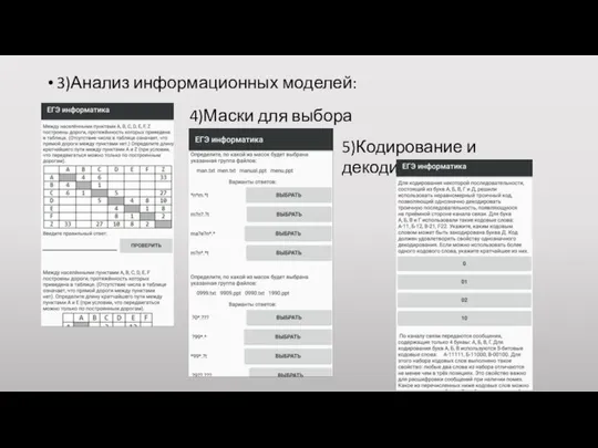 3)Анализ информационных моделей: 4)Маски для выбора файлов: 5)Кодирование и декодирование: