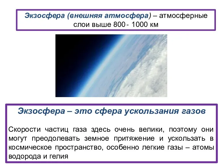 Экзосфера (внешняя атмосфера) – атмосферные слои выше 800‐ 1000 км Экзосфера