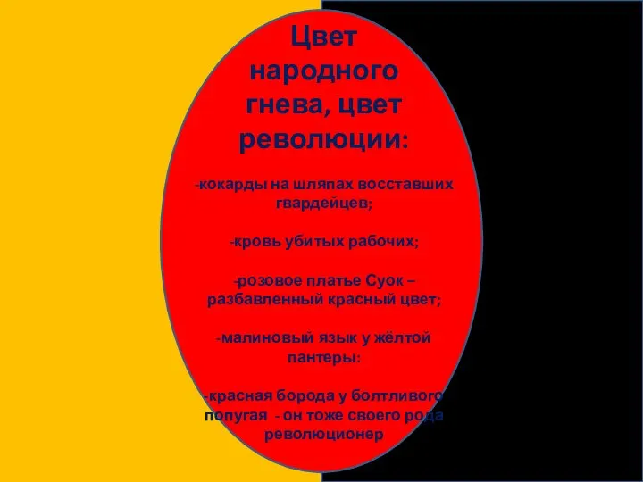 Цвет народного гнева, цвет революции: -кокарды на шляпах восставших гвардейцев; -кровь