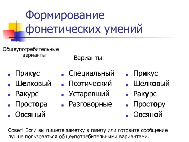 Формирование фонетических умений Общеупотребительные варианты Специальный Поэтический Устаревший Разговорные Прикус Шелковый