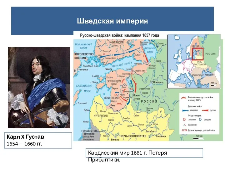 Шведская империя Карл X Густав 1654— 1660 гг. Кардисский мир 1661 г. Потеря Прибалтики.