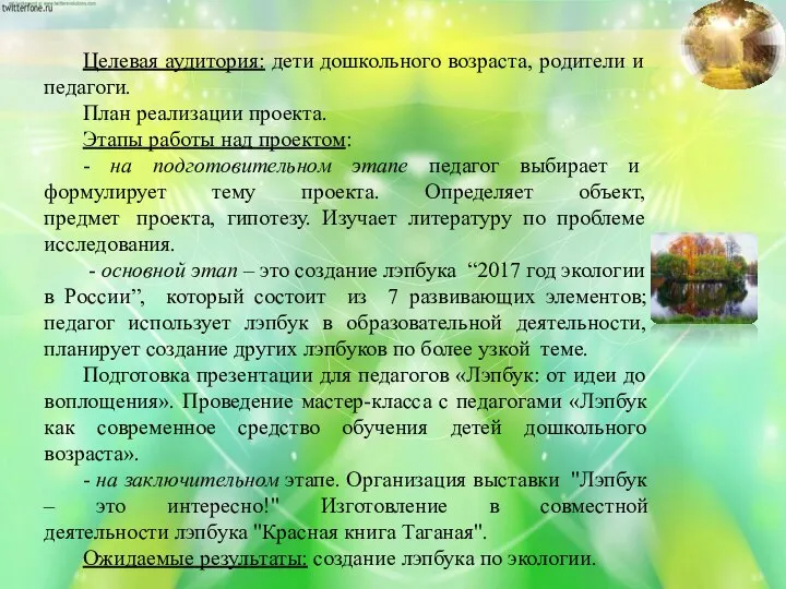 Целевая аудитория: дети дошкольного возраста, родители и педагоги. План реализации проекта.