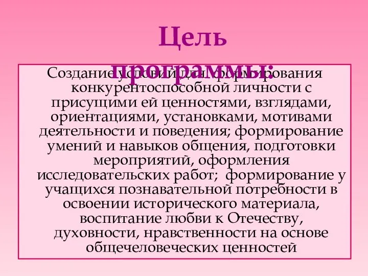 Создание условий для формирования конкурентоспособной личности с присущими ей ценностями, взглядами,