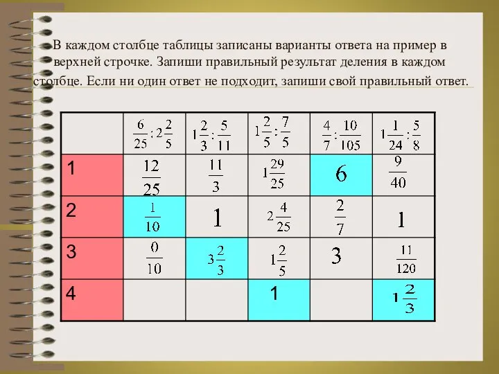 В каждом столбце таблицы записаны варианты ответа на пример в верхней