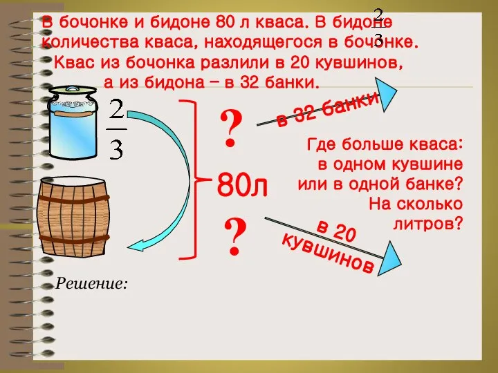 В бочонке и бидоне 80 л кваса. В бидоне количества кваса,