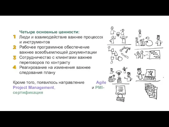 Четыре основные ценности: Люди и взаимодействие важнее процессов и инструментов Рабочее