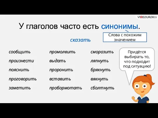 У глаголов часто есть синонимы. сказать Слова с похожим значением сообщить