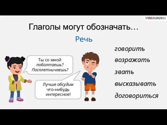 Глаголы могут обозначать… Речь говорить звать возражать высказывать договориться Ты со