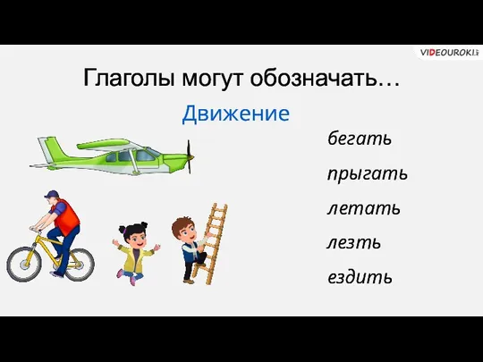 Глаголы могут обозначать… Движение бегать летать прыгать лезть ездить