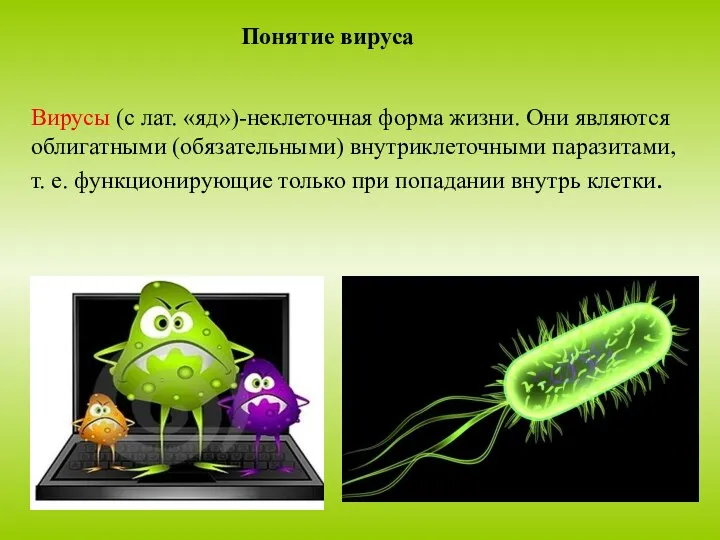 Вирусы (с лат. «яд»)-неклеточная форма жизни. Они являются облигатными (обязательными) внутриклеточными