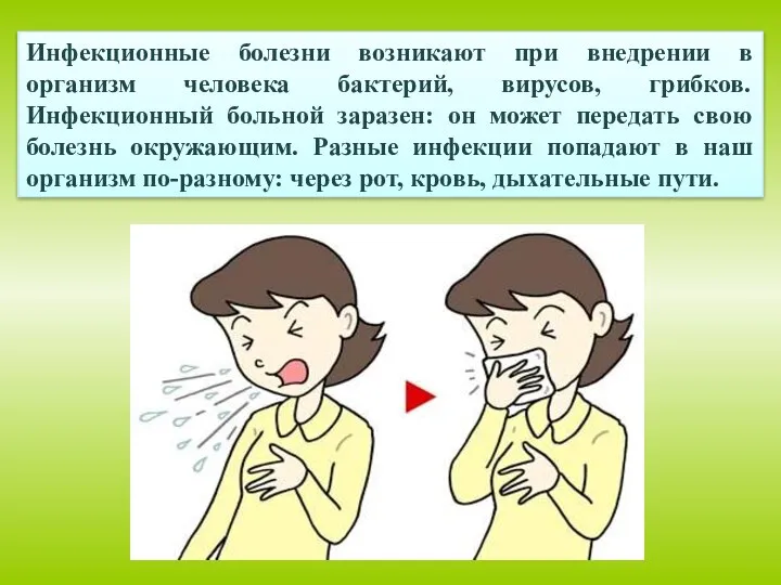 Инфекционные болезни возникают при внедрении в организм человека бактерий, вирусов, грибков.