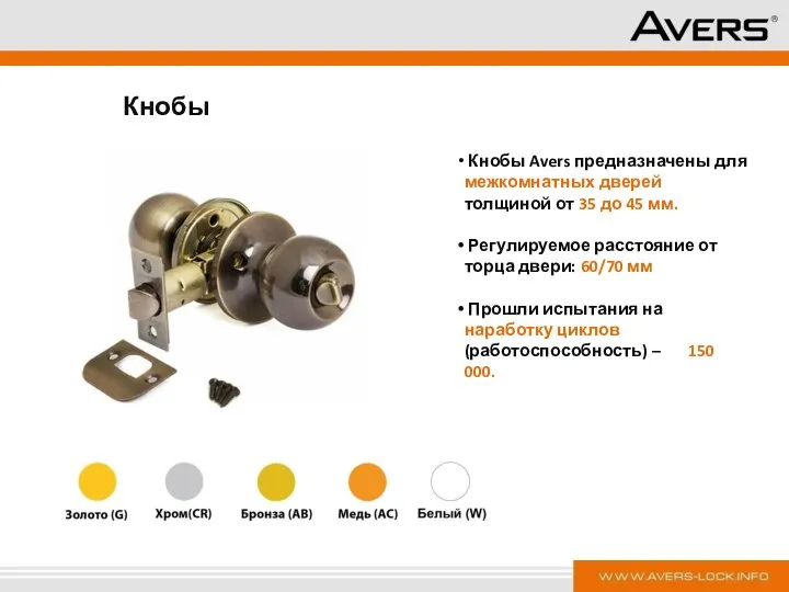 Кнобы Avers предназначены для межкомнатных дверей толщиной от 35 до 45
