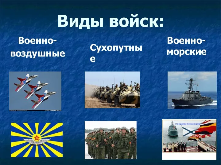 Виды войск: Сухопутные Военно-морские Военно- воздушные