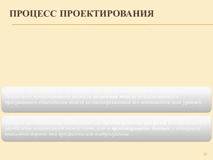 ПРОЦЕСС ПРОЕКТИРОВАНИЯ Результатом проектирования является детальная модель разрабатываемого программного обеспечения вместе