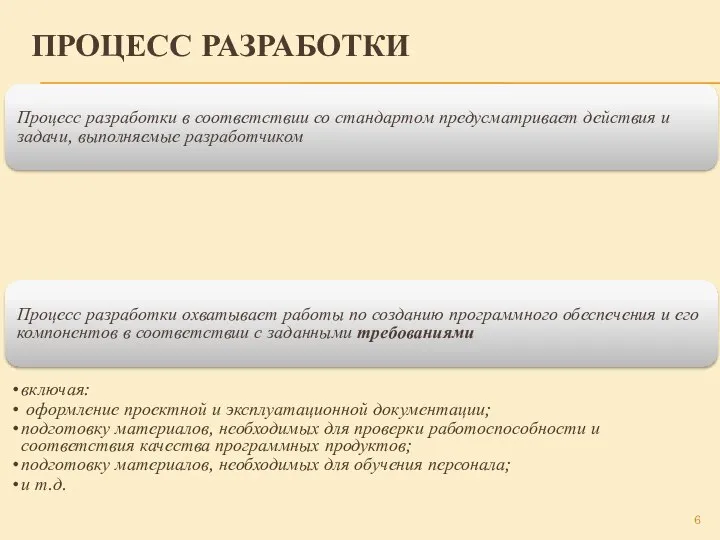 ПРОЦЕСС РАЗРАБОТКИ Процесс разработки в соответствии со стандартом предусматривает действия и