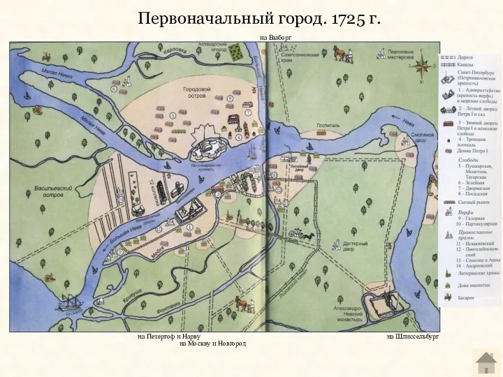 Первоначальный город. 1725 г. на Петергоф и Нарву на Москву и Новгород на Выборг на Шлиссельбург