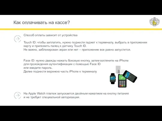 Способ оплаты зависит от устройства Touch ID: чтобы заплатить, нужно поднести