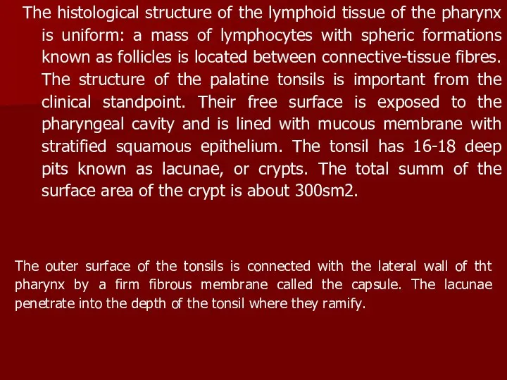 The histological structure of the lymphoid tissue of the pharynx is