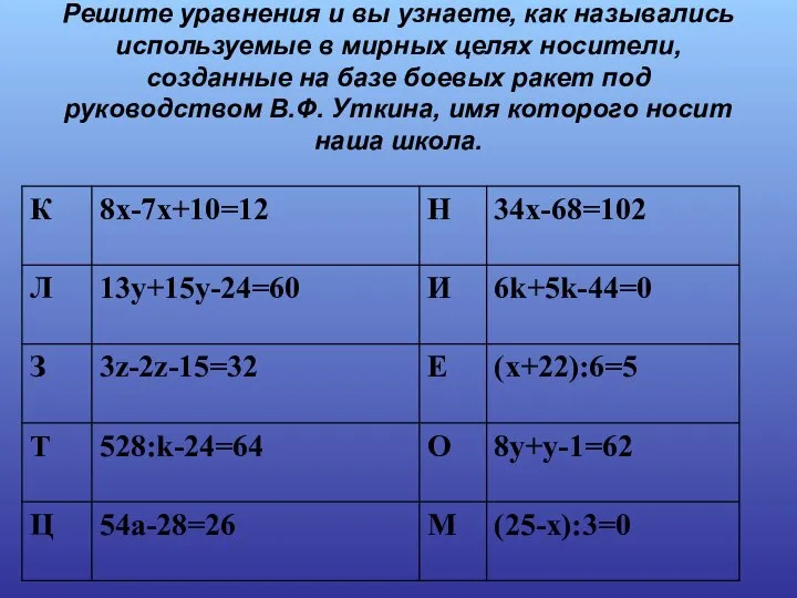 Решите уравнения и вы узнаете, как назывались используемые в мирных целях