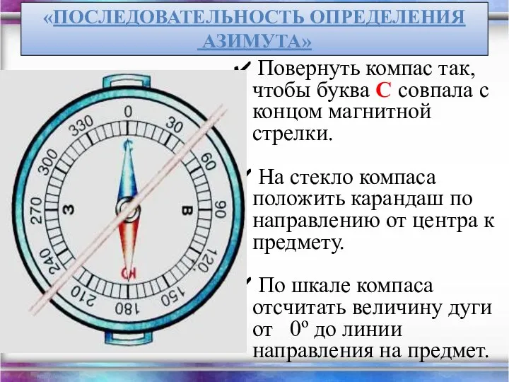 «ПОСЛЕДОВАТЕЛЬНОСТЬ ОПРЕДЕЛЕНИЯ АЗИМУТА» Повернуть компас так, чтобы буква С совпала с