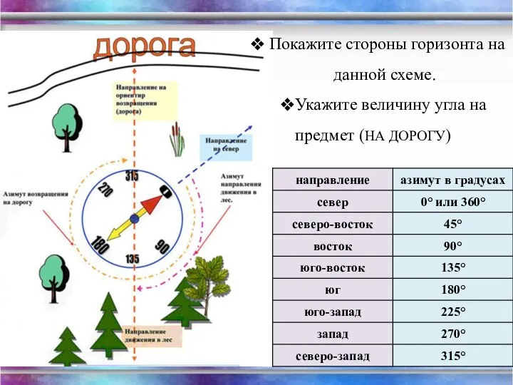 Покажите стороны горизонта на данной схеме. Укажите величину угла на предмет (НА ДОРОГУ)