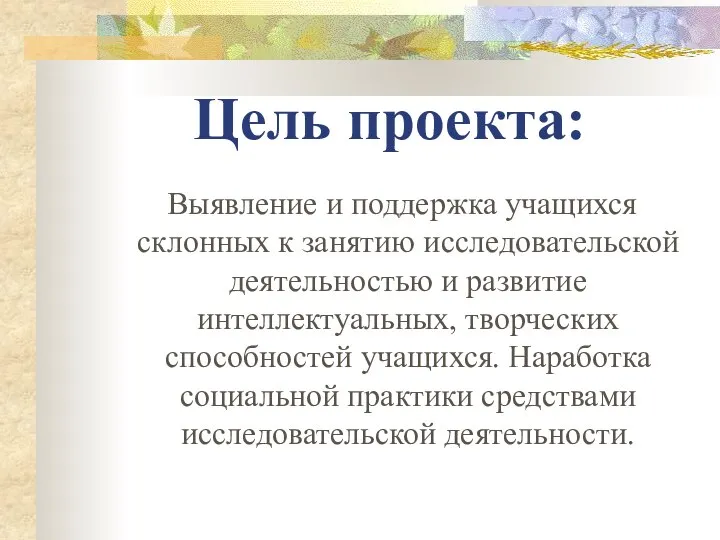 Цель проекта: Выявление и поддержка учащихся склонных к занятию исследовательской деятельностью