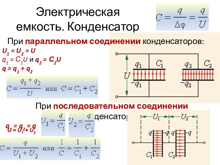 Электрическая емкость. Конденсатор При последовательном соединении конденсаторов: q1 = q2 =