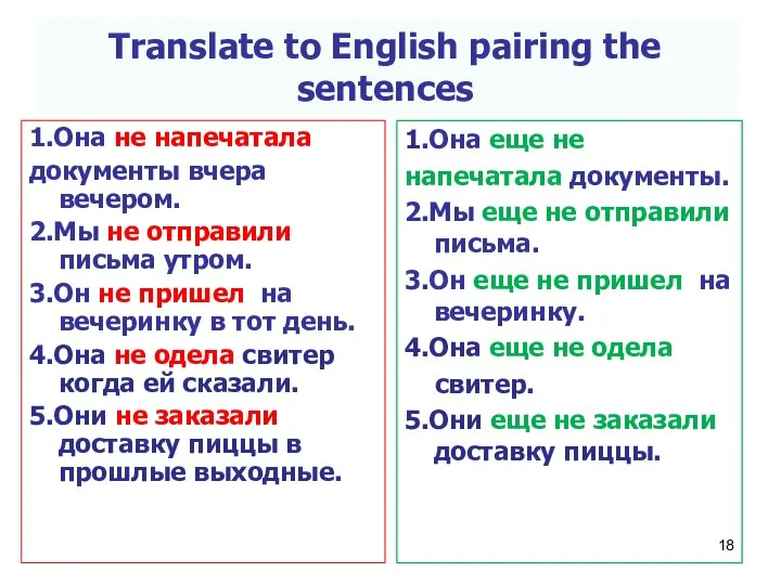 Translate to English pairing the sentences 1.Oна еще не напечатала документы.