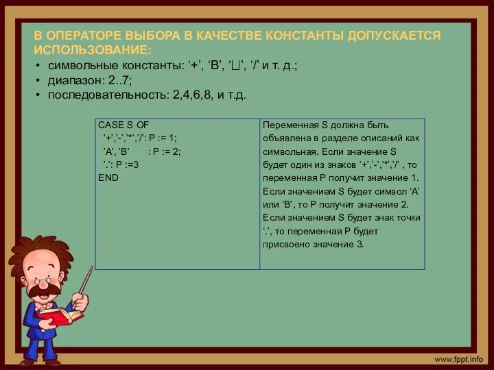 В ОПЕРАТОРЕ ВЫБОРА В КАЧЕСТВЕ КОНСТАНТЫ ДОПУСКАЕТСЯ ИСПОЛЬЗОВАНИЕ: символьные константы: ‘+’,